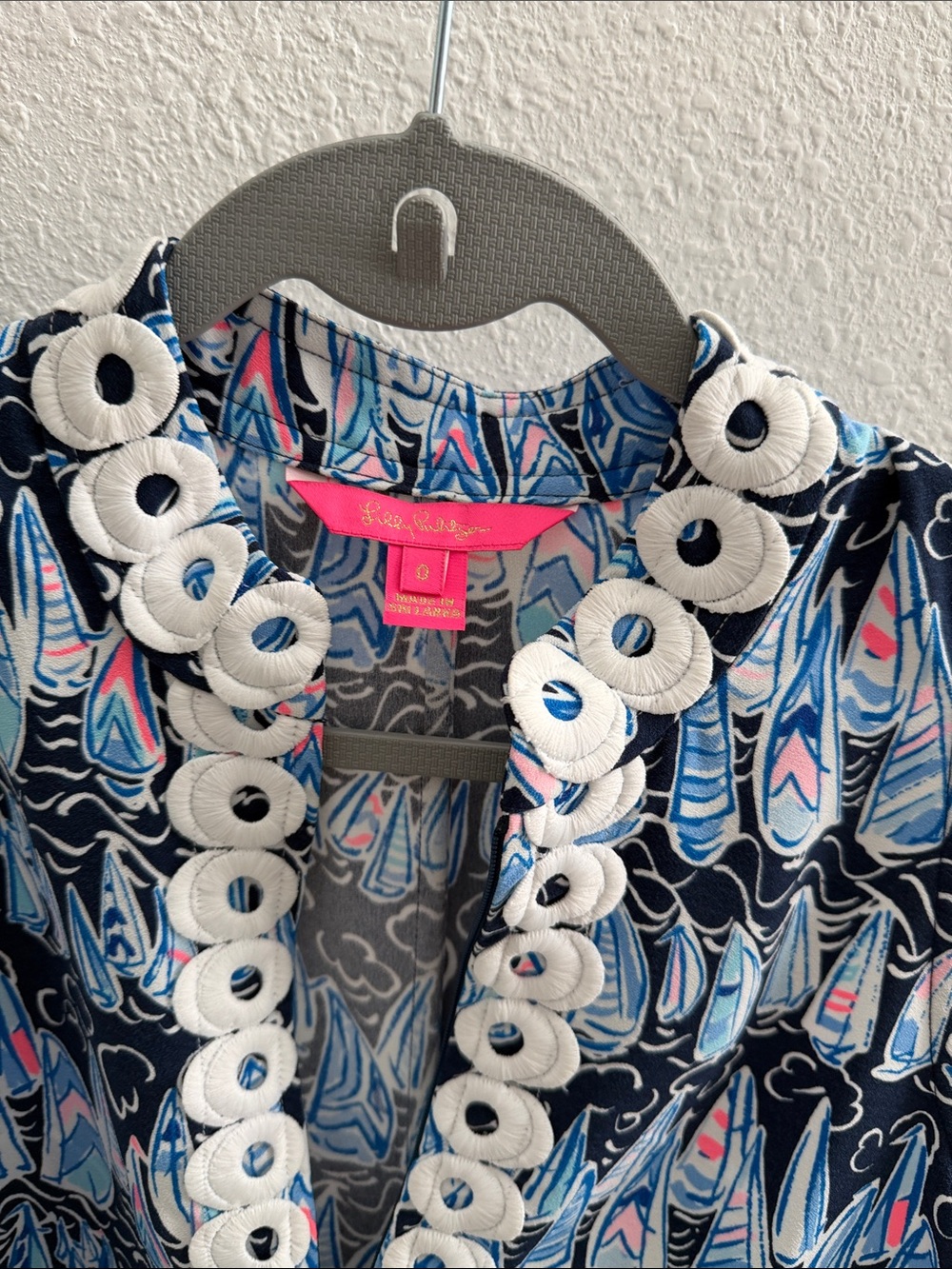 Lilly Pulitzer Navy, Light Blue & Pink Patterned Girls' Jacket with White Trim